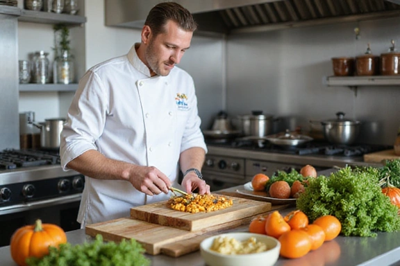 Un chef preparando una comida gourmet con ingredientes frescos y coloridos en una cocina moderna, con un enfoque en la creatividad culinaria.
