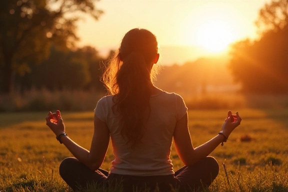 Una persona meditando tranquilamente en un entorno natural al amanecer, con un enfoque en la paz y el bienestar mental.