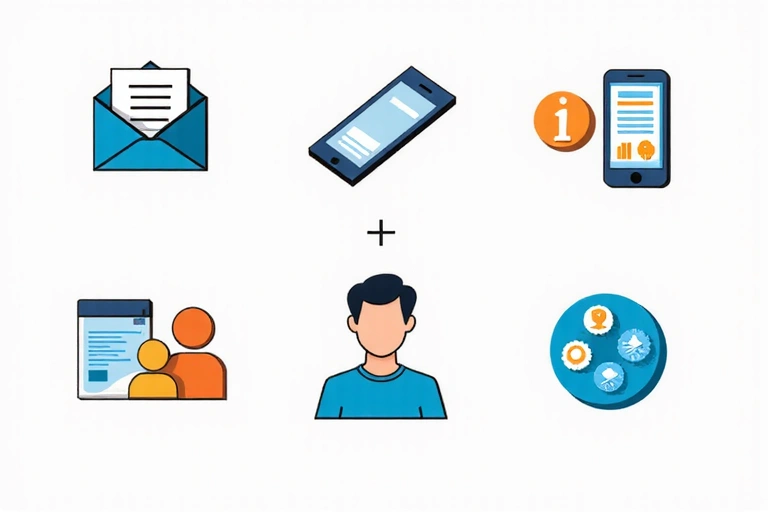 Ilustración de varios iconos de datos como un sobre (email), un teléfono, y una persona con un símbolo de información, representando la recopilación de datos.