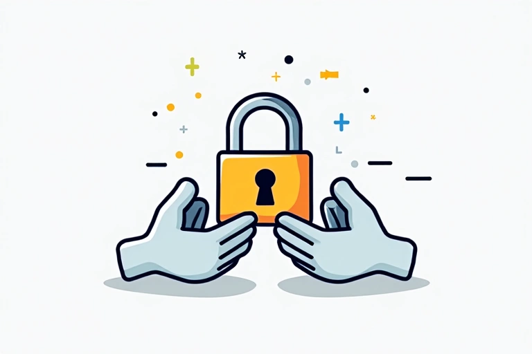 Ilustración de manos entrelazadas con un candado, representando la confianza y la seguridad de los datos compartidos.