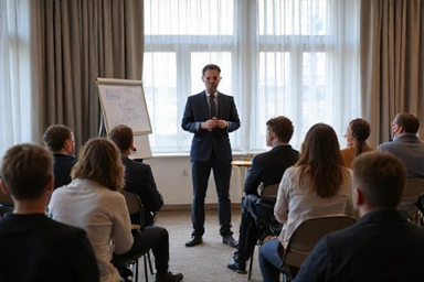Nutricionista dando una charla informativa a una audiencia atenta