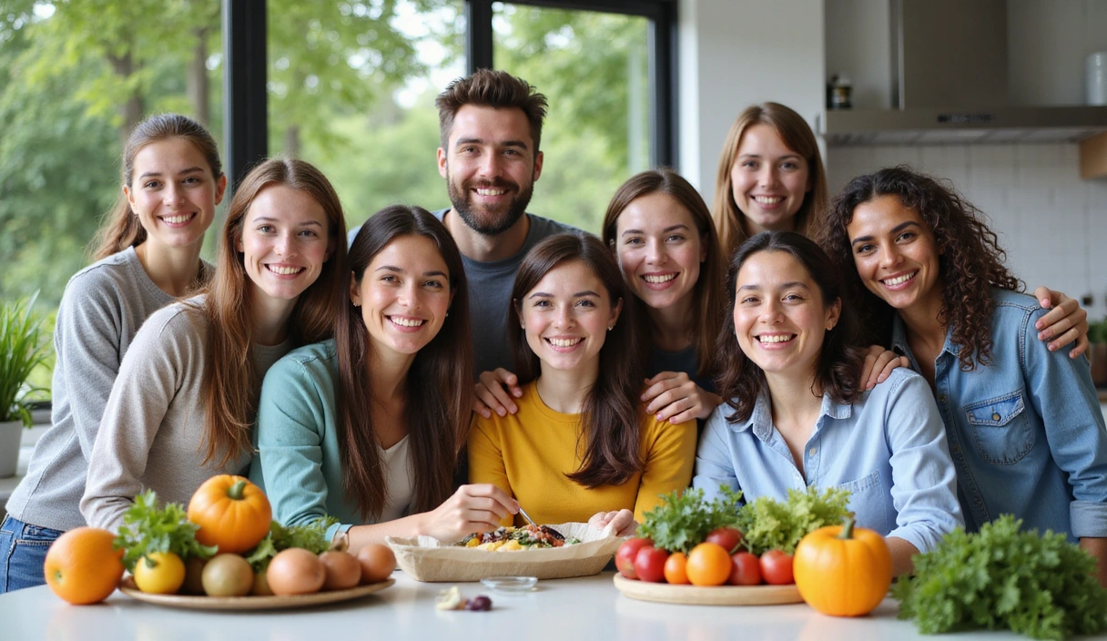 Grupo diverso de personas sonriendo y luciendo saludables, simbolizando el éxito y la felicidad a través de una mejor nutrición.